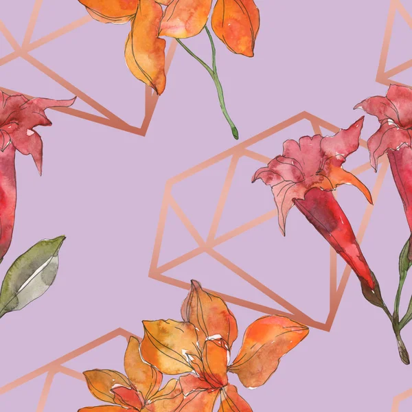 Red and yellow tropical botanical flowers. Wild spring leaf isolated. Watercolor illustration set. Watercolour drawing fashion aquarelle. Seamless background pattern. Fabric wallpaper print texture.