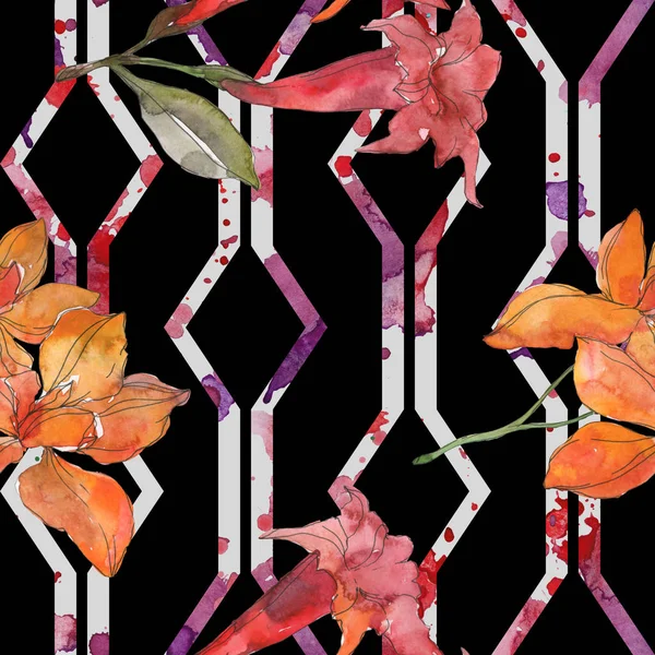 Red and yellow tropical botanical flowers. Wild spring leaf isolated. Watercolor illustration set. Watercolour drawing fashion aquarelle. Seamless background pattern. Fabric wallpaper print texture.