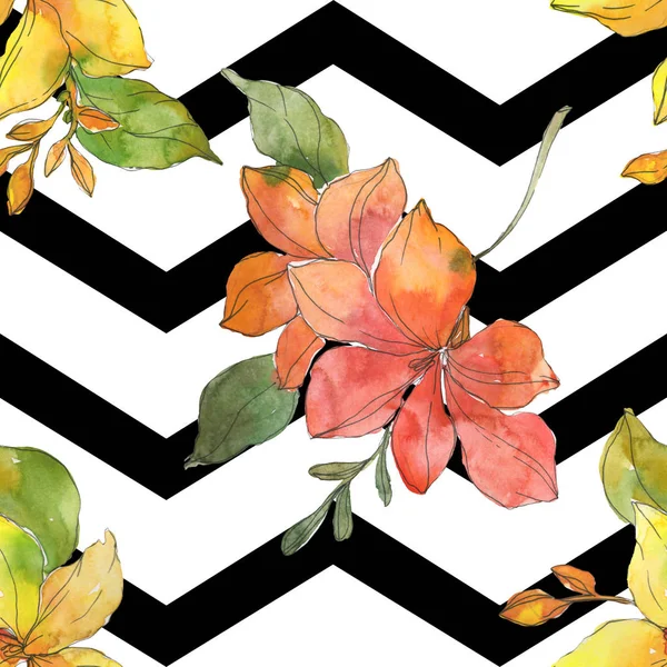 Red and yellow tropical botanical flowers. Wild spring leaf isolated. Watercolor illustration set. Watercolour drawing fashion aquarelle. Seamless background pattern. Fabric wallpaper print texture.