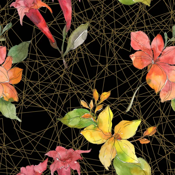 Red and yellow tropical botanical flowers. Wild spring leaf isolated. Watercolor illustration set. Watercolour drawing fashion aquarelle. Seamless background pattern. Fabric wallpaper print texture.