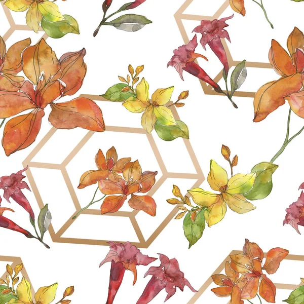 Red and yellow tropical botanical flowers. Wild spring leaf isolated. Watercolor illustration set. Watercolour drawing fashion aquarelle. Seamless background pattern. Fabric wallpaper print texture.