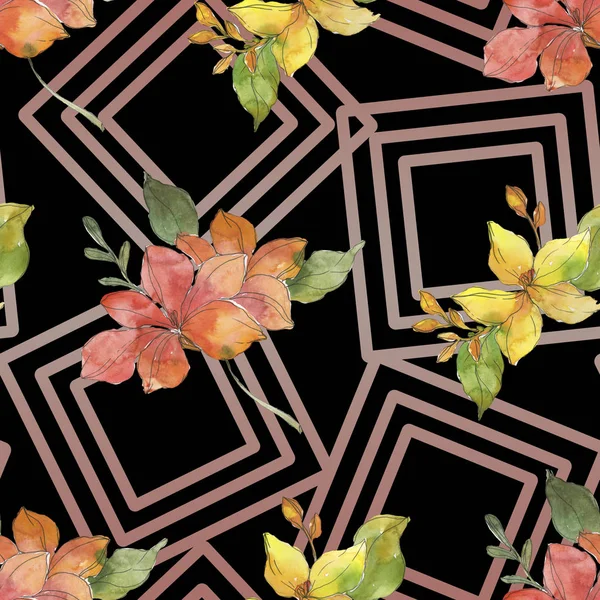 Red and yellow tropical botanical flowers. Wild spring leaf isolated. Watercolor illustration set. Watercolour drawing fashion aquarelle. Seamless background pattern. Fabric wallpaper print texture.