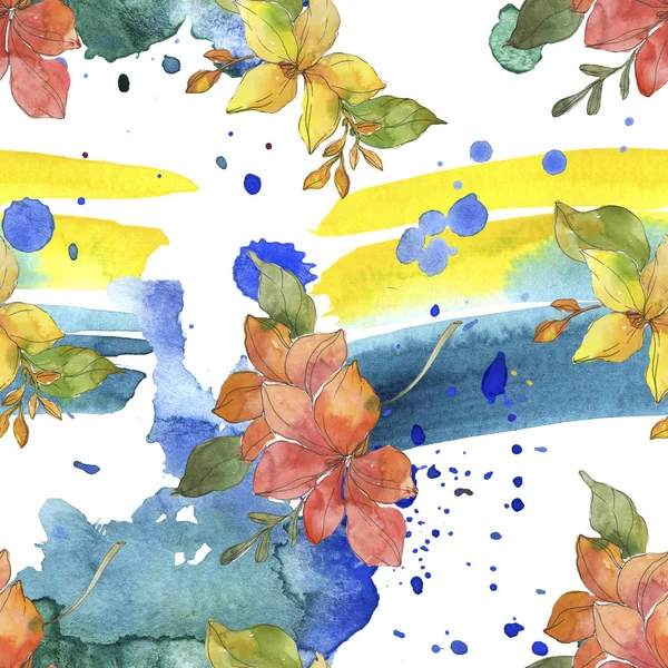 红色和黄色的热带植物花卉 被隔绝的狂放的春天叶子 水彩插图集 水彩画时尚水彩画 无缝的背景模式 织物壁纸打印纹理 — 图库照片