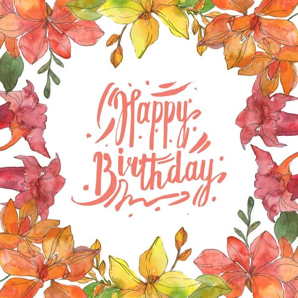 Red and yellow tropical floral botanical flowers. Wild spring leaf wildflower isolated. Watercolor background illustration set. Watercolour drawing fashion aquarelle. Frame border ornament square.