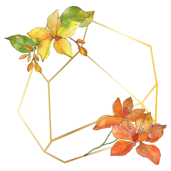 Red and yellow tropical floral botanical flowers. Wild spring leaf wildflower isolated. Watercolor background illustration set. Watercolour drawing fashion aquarelle. Frame border ornament square.