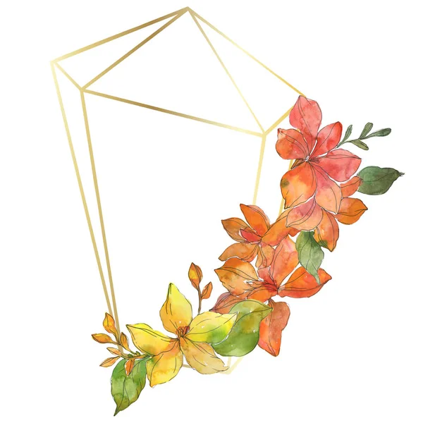 Red and yellow tropical floral botanical flowers. Wild spring leaf wildflower isolated. Watercolor background illustration set. Watercolour drawing fashion aquarelle. Frame border ornament square.