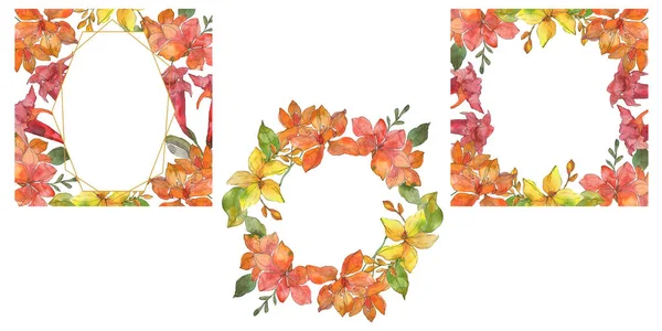 Red and yellow tropical floral botanical flowers. Wild spring leaf wildflower isolated. Watercolor background illustration set. Watercolour drawing fashion aquarelle. Frame border ornament square.