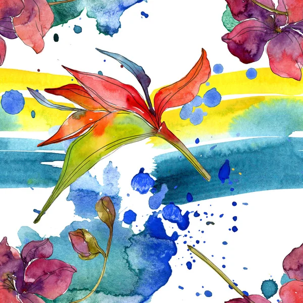 Red flowers watercolor background illustration set. Seamless background pattern.