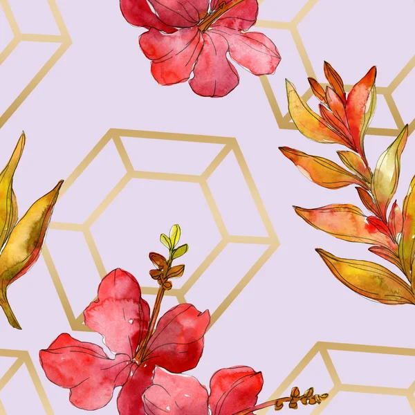 Red flowers watercolor background illustration set. Seamless background pattern.