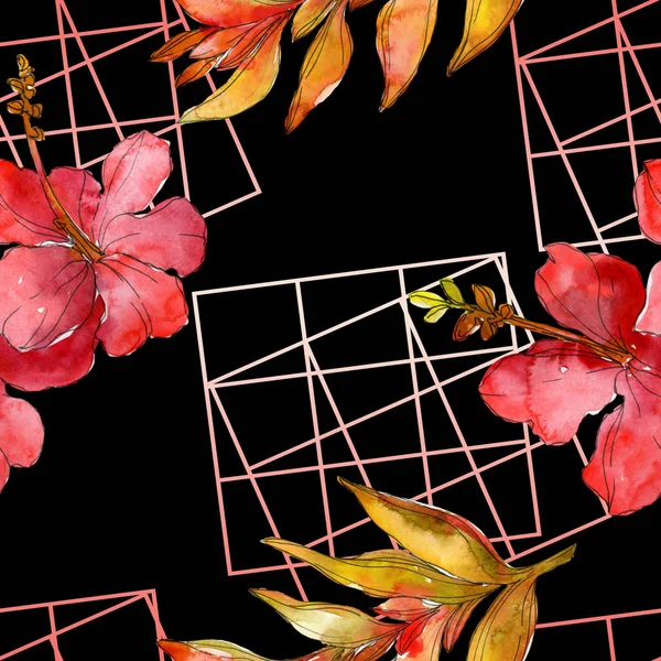 Red flowers watercolor background illustration set. Seamless background pattern.