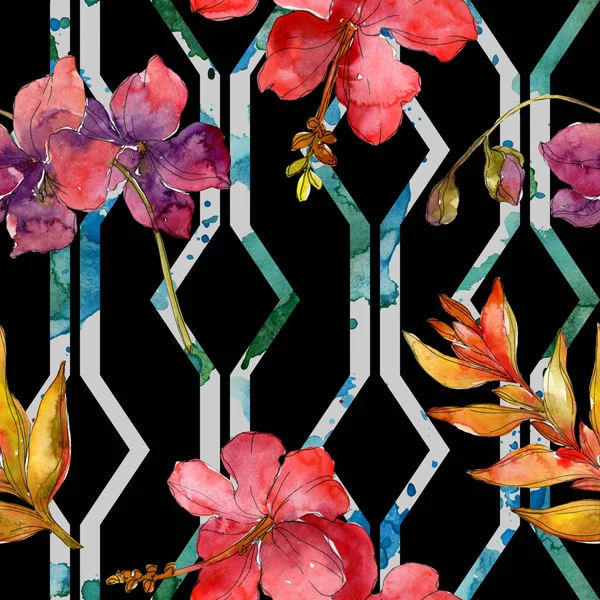 Red flowers watercolor background illustration set. Seamless background pattern.