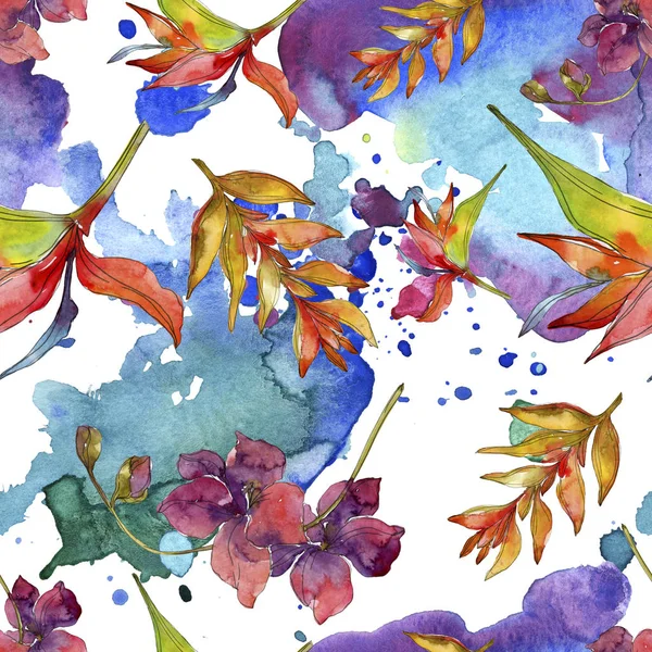 Red flowers watercolor background illustration set. Seamless background pattern.