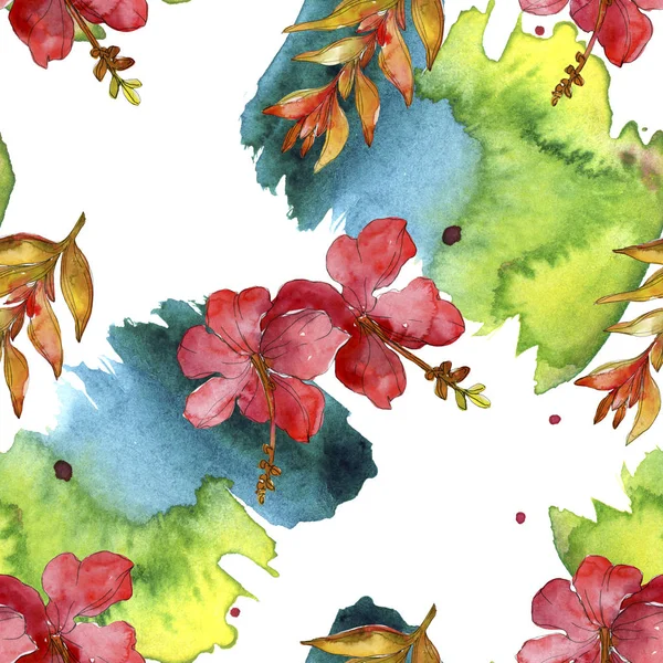 Red flowers watercolor background illustration set. Seamless background pattern.
