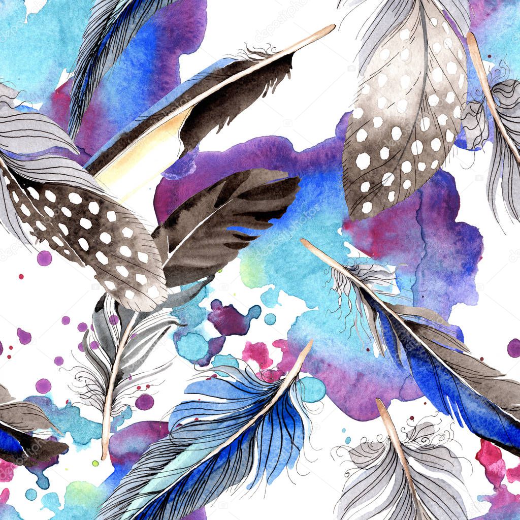 Bird feathers from wing. Watercolor background illustration set. Seamless background pattern. Fabric wallpaper print texture.
