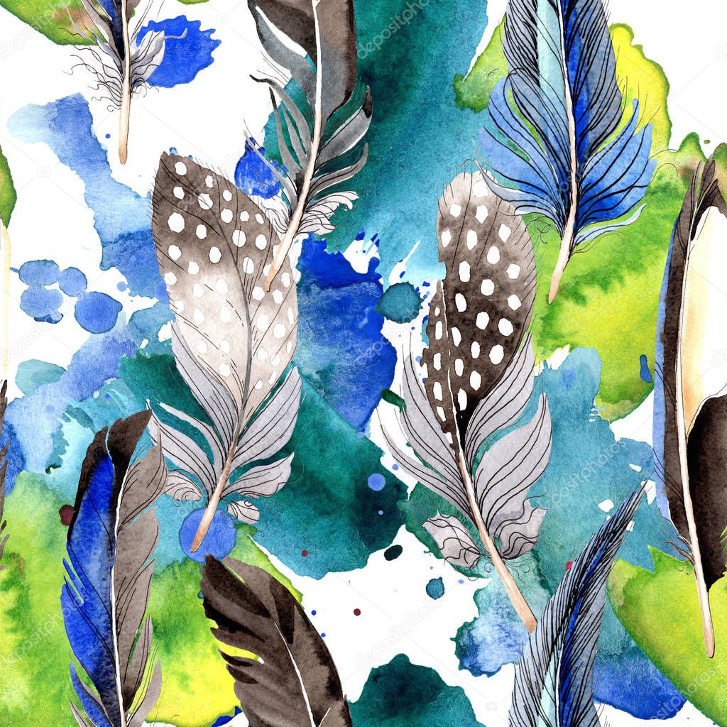 Bird feathers from wing. Watercolor background illustration set. Seamless background pattern. Fabric wallpaper print texture.