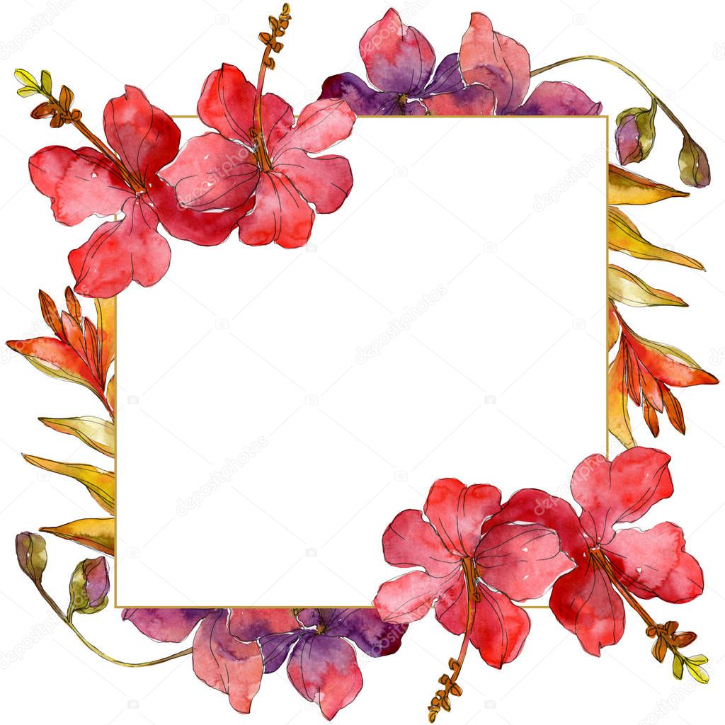 Flowers isolated on white. Watercolor background illustration set. Frame border ornament with copy space.