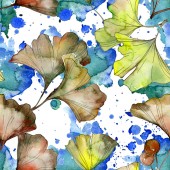 Yellow and green ginkgo biloba foliage watercolor illustration. Seamless background pattern. 