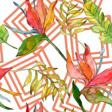 Tropikal Çiçek Botanik çiçekler. Egzotik bitki yaprağı izole. Suluboya resim kümesi. Suluboya çizim moda aquarelle. Sorunsuz arka plan deseni. Kumaş duvar kağıdı yazdırma doku.