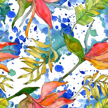Tropikal Çiçek Botanik çiçekler. Egzotik bitki yaprağı izole. Suluboya resim kümesi. Suluboya çizim moda aquarelle. Sorunsuz arka plan deseni. Kumaş duvar kağıdı yazdırma doku.