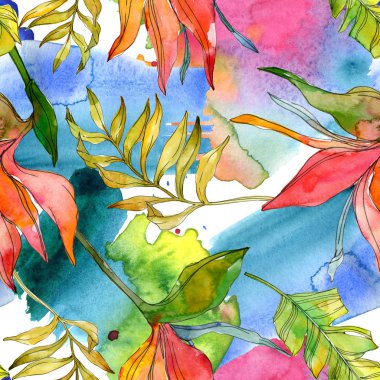 Tropikal Çiçek Botanik çiçekler. Egzotik bitki yaprağı izole. Suluboya resim kümesi. Suluboya çizim moda aquarelle. Sorunsuz arka plan deseni. Kumaş duvar kağıdı yazdırma doku.