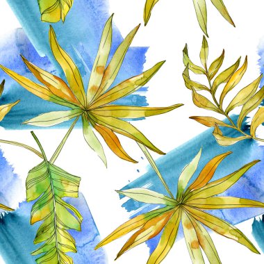 Tropikal Çiçek Botanik çiçekler. Egzotik bitki yaprağı izole. Suluboya resim kümesi. Suluboya çizim moda aquarelle. Sorunsuz arka plan deseni. Kumaş duvar kağıdı yazdırma doku.