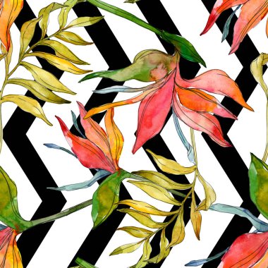 Tropikal Çiçek Botanik çiçekler. Egzotik bitki yaprağı izole. Suluboya resim kümesi. Suluboya çizim moda aquarelle. Sorunsuz arka plan deseni. Kumaş duvar kağıdı yazdırma doku.
