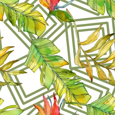 Tropikal Çiçek Botanik çiçekler. Egzotik bitki yaprağı izole. Suluboya resim kümesi. Suluboya çizim moda aquarelle. Sorunsuz arka plan deseni. Kumaş duvar kağıdı yazdırma doku.