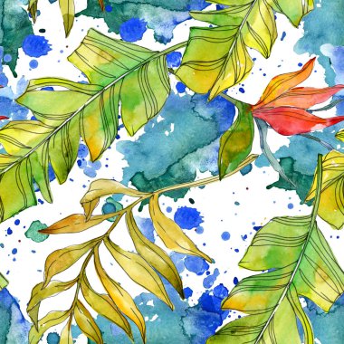 Tropikal Çiçek Botanik çiçekler. Egzotik bitki yaprağı izole. Suluboya resim kümesi. Suluboya çizim moda aquarelle. Sorunsuz arka plan deseni. Kumaş duvar kağıdı yazdırma doku.