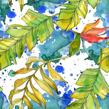 Tropical floral botanical flowers. Exotic plant leaf isolated. Watercolor illustration set. Watercolour drawing fashion aquarelle. Seamless background pattern. Fabric wallpaper print texture. clipart