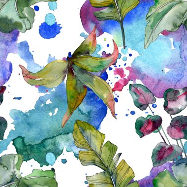 Yaprak yeşil bitki botanik. Egzotik tropik hawaiian yaz. Suluboya resim kümesi. Suluboya çizim moda aquarelle izole. Sorunsuz arka plan deseni. Kumaş duvar kağıdı yazdırma doku.