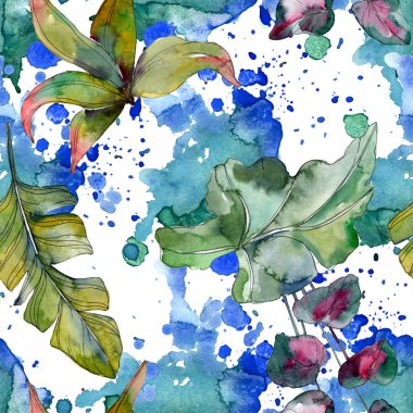Yaprak yeşil bitki botanik. Egzotik tropik hawaiian yaz. Suluboya resim kümesi. Suluboya çizim moda aquarelle izole. Sorunsuz arka plan deseni. Kumaş duvar kağıdı yazdırma doku.