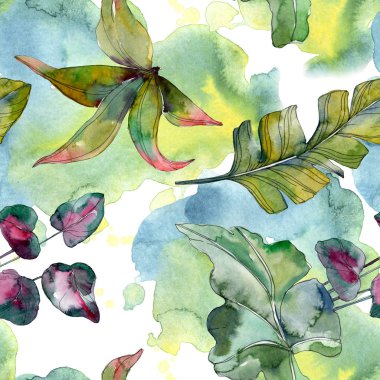 Yaprak yeşil bitki botanik. Egzotik tropik hawaiian yaz. Suluboya resim kümesi. Suluboya çizim moda aquarelle izole. Sorunsuz arka plan deseni. Kumaş duvar kağıdı yazdırma doku.