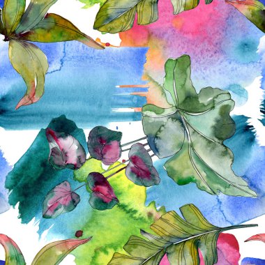 Yaprak yeşil bitki botanik. Egzotik tropik hawaiian yaz. Suluboya resim kümesi. Suluboya çizim moda aquarelle izole. Sorunsuz arka plan deseni. Kumaş duvar kağıdı yazdırma doku.