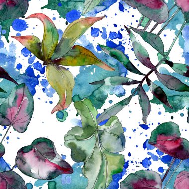 Yaprak yeşil bitki botanik. Egzotik tropik hawaiian yaz. Suluboya resim kümesi. Suluboya çizim moda aquarelle izole. Sorunsuz arka plan deseni. Kumaş duvar kağıdı yazdırma doku.