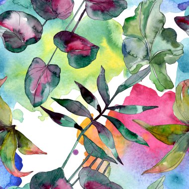 Yaprak yeşil bitki botanik. Egzotik tropik hawaiian yaz. Suluboya resim kümesi. Suluboya çizim moda aquarelle izole. Sorunsuz arka plan deseni. Kumaş duvar kağıdı yazdırma doku.