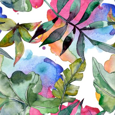 Yaprak yeşil bitki botanik. Egzotik tropik hawaiian yaz. Suluboya resim kümesi. Suluboya çizim moda aquarelle izole. Sorunsuz arka plan deseni. Kumaş duvar kağıdı yazdırma doku.