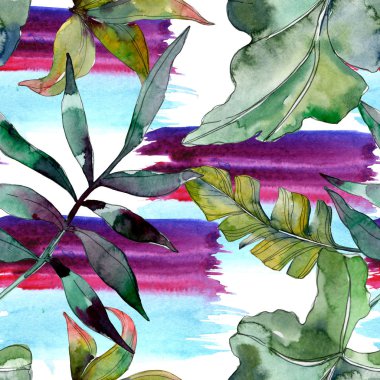 Yaprak yeşil bitki botanik. Egzotik tropik hawaiian yaz. Suluboya resim kümesi. Suluboya çizim moda aquarelle izole. Sorunsuz arka plan deseni. Kumaş duvar kağıdı yazdırma doku.