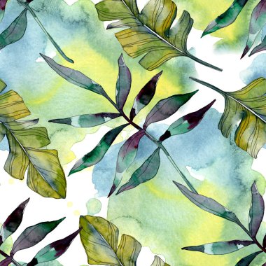 Green leaf plant botanical. Exotic tropical hawaiian summer. Watercolor illustration set. Watercolour drawing fashion aquarelle isolated. Seamless background pattern. Fabric wallpaper print texture. clipart