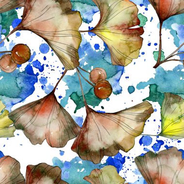 Sarı ve yeşil ginkgo biloba yaprakları suluboya resim. Sorunsuz arka plan deseni. 