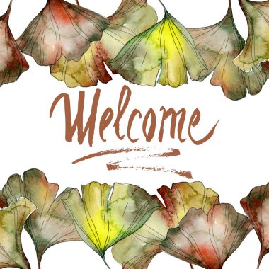 Yeşil ginkgo biloba yaprakları suluboya resim kümesi izole. Çerçeve kenarlığı süsleme hoş geldiniz yazı ile.