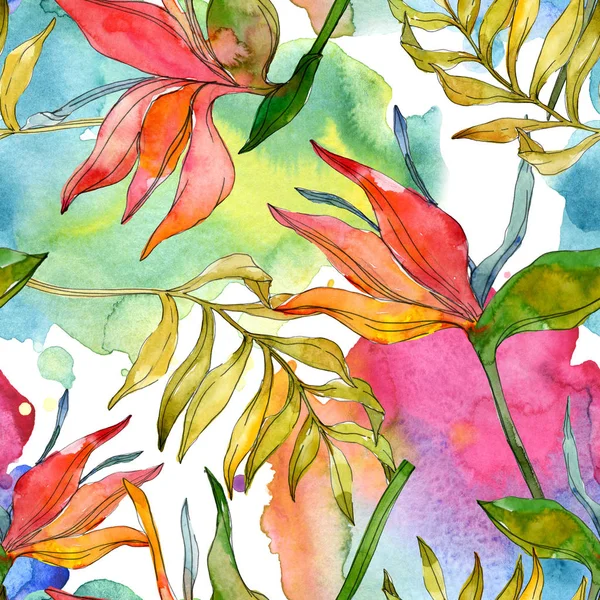 Tropical floral botanical flowers. Exotic plant leaf isolated. Watercolor illustration set. Watercolour drawing fashion aquarelle. Seamless background pattern. Fabric wallpaper print texture.