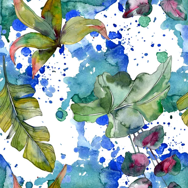 绿叶植物植物 异国情调的热带夏威夷夏季 水彩插图集 水彩画时尚水族馆隔离 无缝的背景模式 织物壁纸打印纹理 — 图库照片