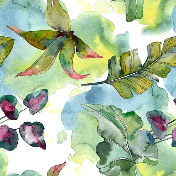 Green leaf plant botanical. Exotic tropical hawaiian summer. Watercolor illustration set. Watercolour drawing fashion aquarelle isolated. Seamless background pattern. Fabric wallpaper print texture.