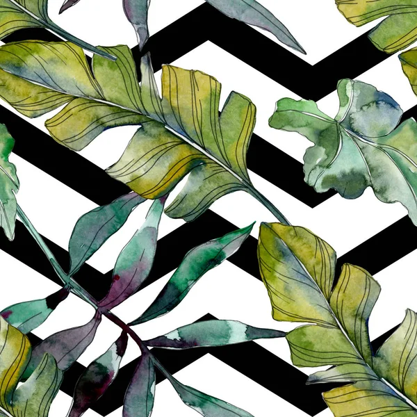 緑の葉の植物の植物 エキゾチックな熱帯のハワイアンの夏 水彩イラスト セット 水彩描画のファッション Aquarelle 分離します シームレスな背景パターン 壁紙印刷手触りの生地 — ストック写真