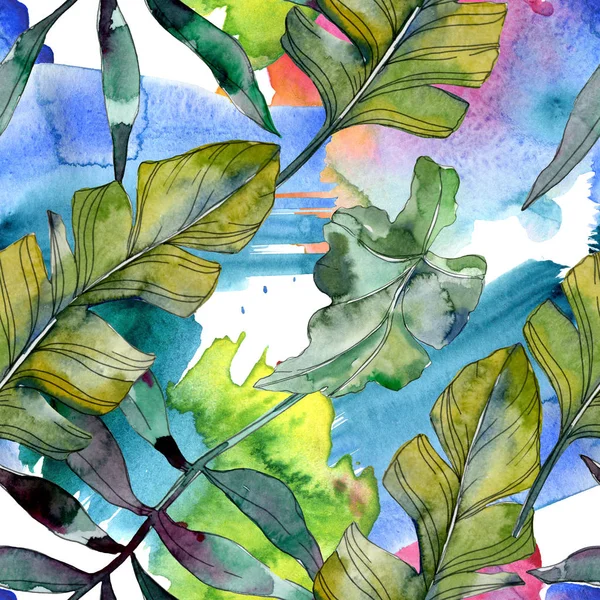 Green leaf plant botanical. Exotic tropical hawaiian summer. Watercolor illustration set. Watercolour drawing fashion aquarelle isolated. Seamless background pattern. Fabric wallpaper print texture.
