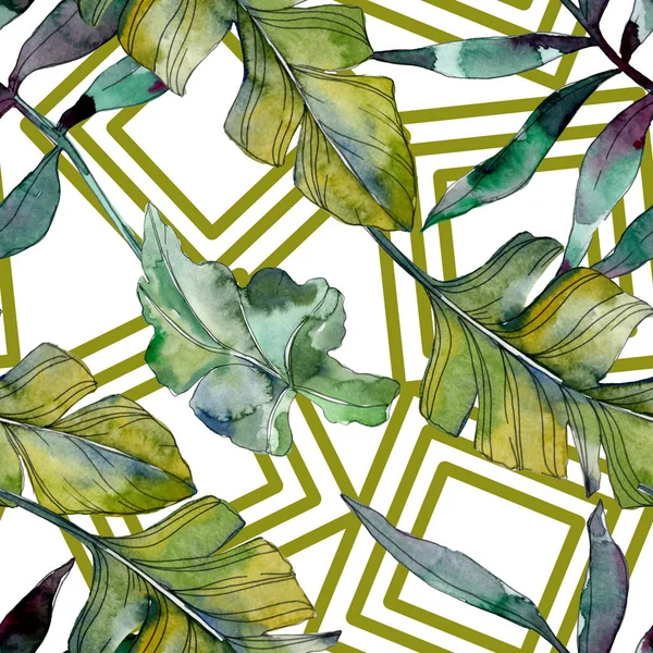 Green leaf plant botanical. Exotic tropical hawaiian summer. Watercolor illustration set. Watercolour drawing fashion aquarelle isolated. Seamless background pattern. Fabric wallpaper print texture.