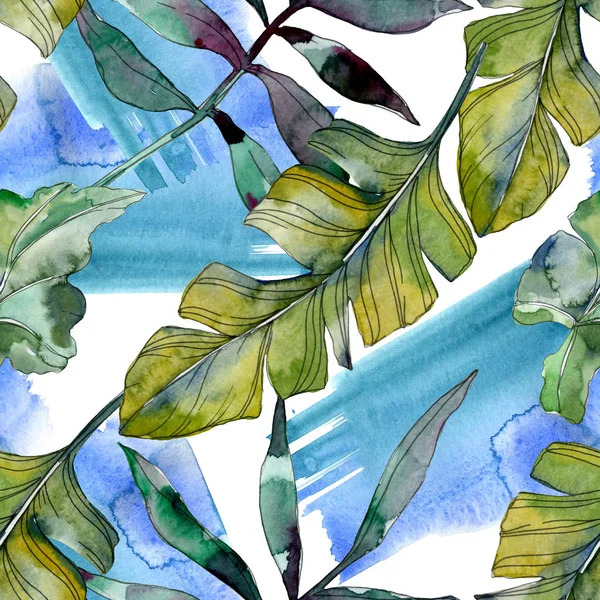 Green leaf plant botanical. Exotic tropical hawaiian summer. Watercolor illustration set. Watercolour drawing fashion aquarelle isolated. Seamless background pattern. Fabric wallpaper print texture.
