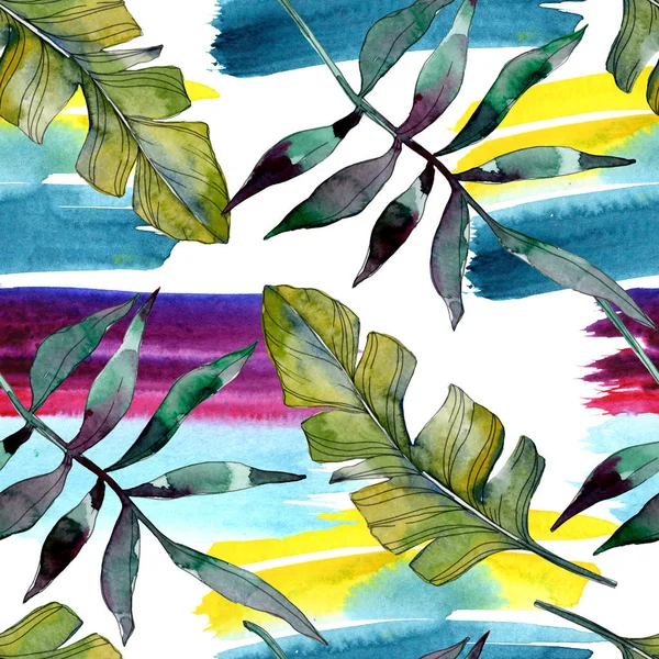 Green leaf plant botanical. Exotic tropical hawaiian summer. Watercolor illustration set. Watercolour drawing fashion aquarelle isolated. Seamless background pattern. Fabric wallpaper print texture.