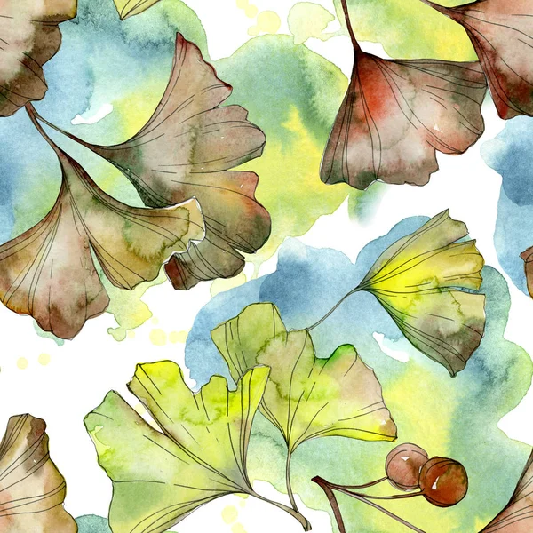 Yellow and green ginkgo biloba foliage watercolor illustration. Seamless background pattern. 