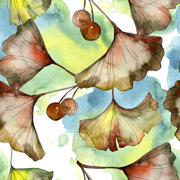 イチョウの黄色と緑のイチョウ葉水彩イラスト シームレスな背景パターン — ストック写真